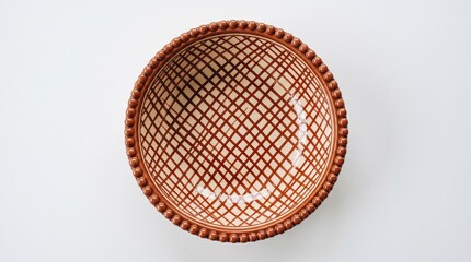 Obraz premium Top‑view ceramic bowl with lattice pattern and beaded rim, symbolizing craftsmanship and tradition.