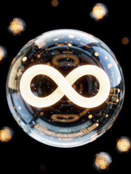 Glowing sphere with infinity symbol and golden bokeh backdrop