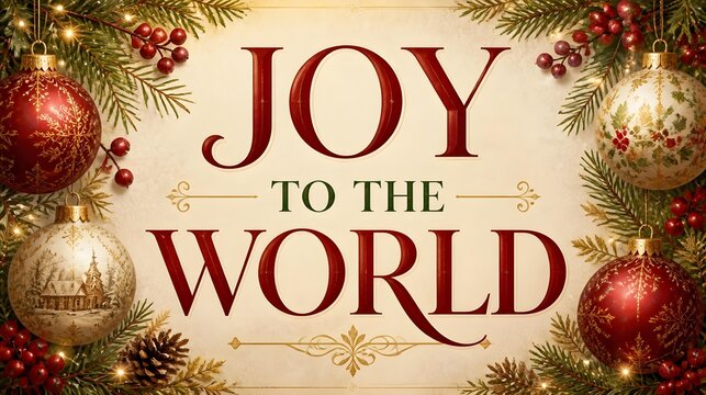 Warm Christmas typography artwork featuring readable &ldquo;JOY TO THE WORLD&rdquo; in classic serif lettering on a creamy beige background, with red berries, evergreen branches, vintage ornaments and warm lights