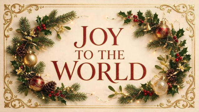Warm Christmas typography artwork featuring readable &ldquo;JOY TO THE WORLD&rdquo; in classic serif lettering on a creamy beige background, with red berries, evergreen branches, vintage ornaments and warm lights