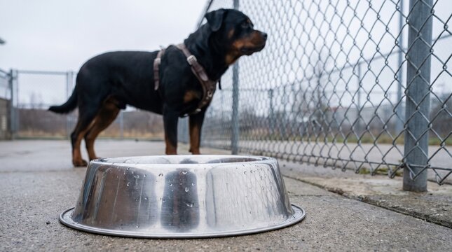 An empty stainless steel food bowl beside a vigilant guard dog