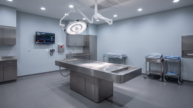 Photorealistic stainless steel autopsy table positioned beneath bright examination lights in a contemporary morgue