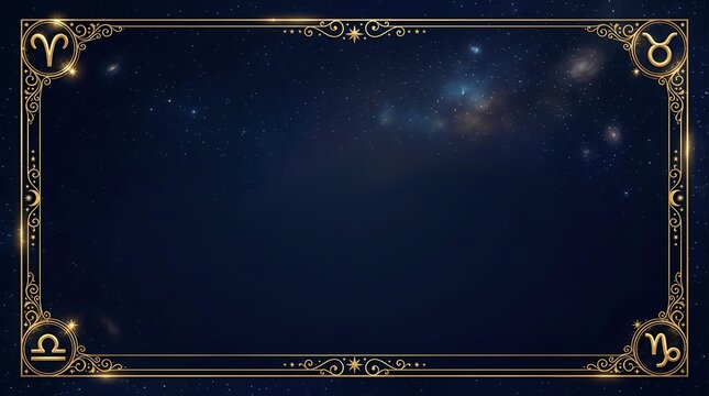 Ornate gold zodiac frame with astrology symbols on dark starry night sky background, suitable for horoscope designs and mystical presentations.