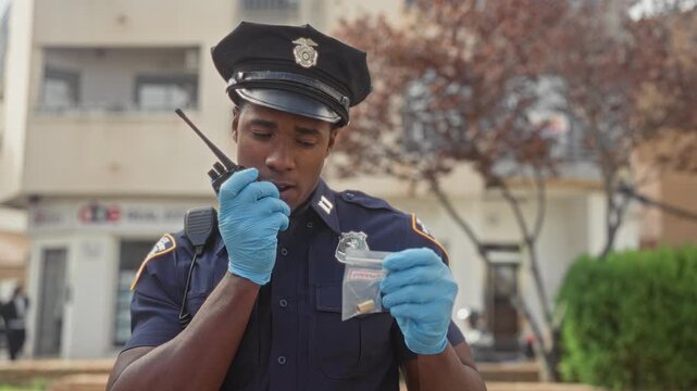 Man police officer holding a clear evidence bag with bullets, speaking into radio while wearing blue gloves in front of a building with leafless trees; focused duty.