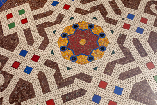Intricate Mosaic Floor Design Detail in Galleria Vittorio Emanuele II Shopping Arcade Milan Italy.