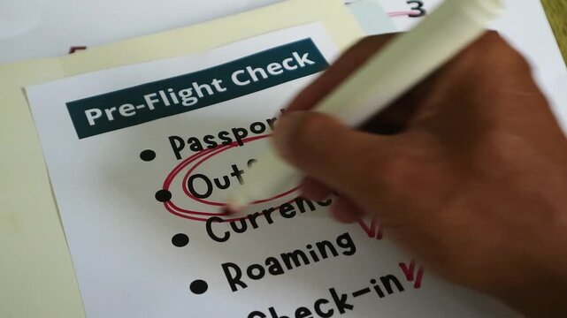 A person circling an item on a pre-flight travel checklist with a red marker.