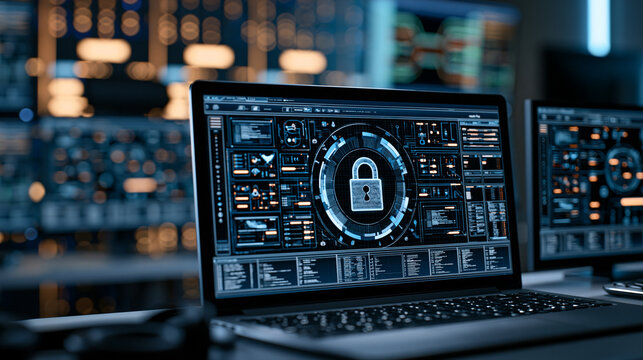 Laptop displaying a digital padlock icon in a secure server room. Cyber security concept for data protection and.