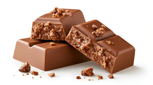 Milk chocolate bars with crunchy inclusions isolated on white background. Sweet snack photography for confectionery.