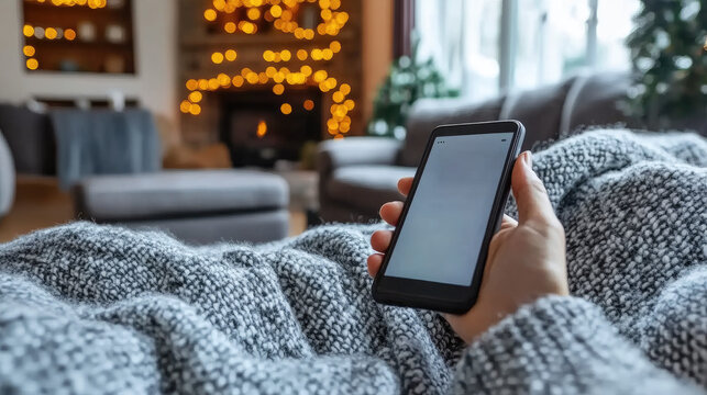Cozy winter evening: person holding smartphone wrapped in warm blanket by fireplace with Christmas lights, relaxing at home.