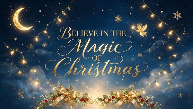 Dreamy Christmas typography poster featuring readable &ldquo;BELIEVE IN THE MAGIC OF CHRISTMAS&rdquo; lettering, flowing script and refined serif type on midnight blue with golden stars, lights and delicate snow