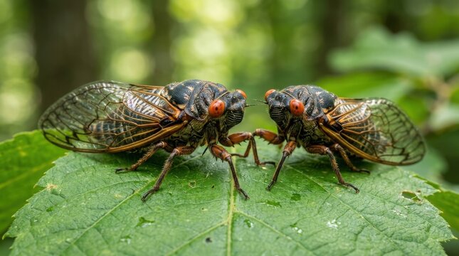 Close-up of two red-eyed cicadas facing each other on a green leaf