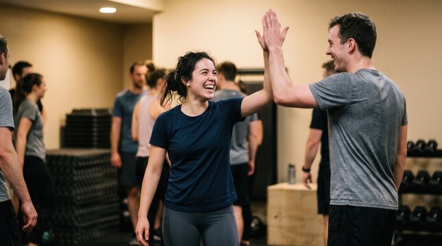 Fitness woman man laughing high five gym workout exercise happy group, woman laughing during gym workout, giving high five to man with group training equipment in indoor fitness class