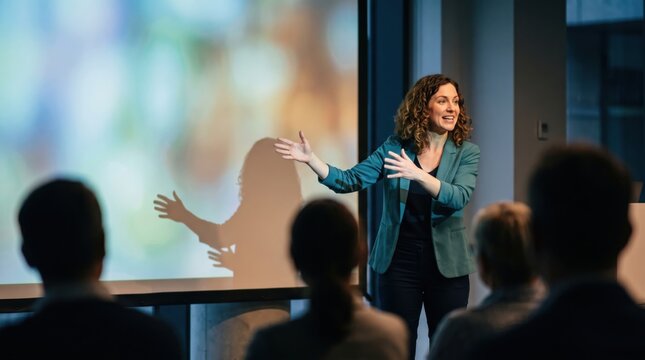 Woman presentation audience screen gesture business seminar speaker conference training female speaker gesturing toward projected screen during business seminar with audience silhouette modern