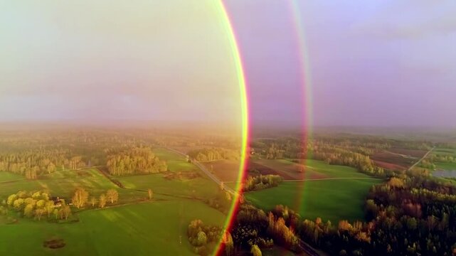 Aerial view of a vibrant double rainbow arching over lush green fields and dense forests in the countryside of Latvia.