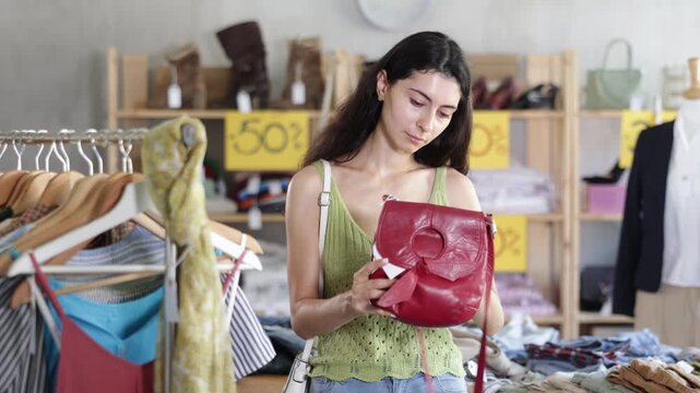 Young woman customer making choice and elect leather handbag in store, and buyer consider some items. Modern urban fashion, casual practical clothes made of natural fabrics
