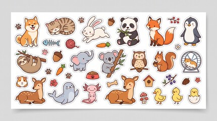 Fototapeta premium Cute wild and domestic animals sticker collection vector set