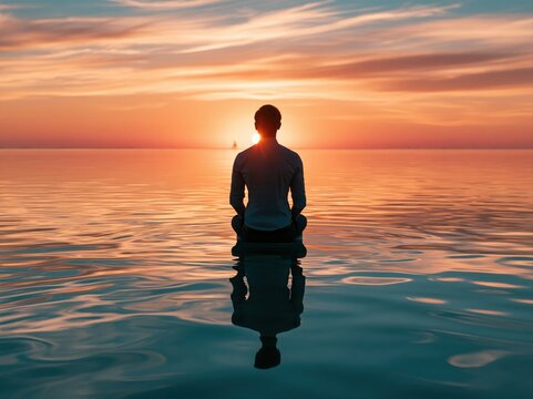 Person sitting in water watching sunset over sea with calm waves and colorful sky in the evening