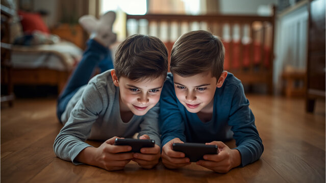 Two young boys lying on floor using smartphones together with happy expressions and casual clothing