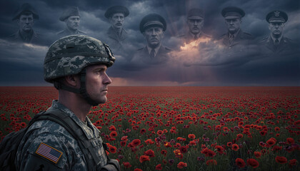 Fototapeta premium Soldier in desert camouflage uniform standing in field of red poppies. Memory of fallen war heroes appearing in cloudy sky. Tribute to military personnel on Memorial Day and Veterans Day.