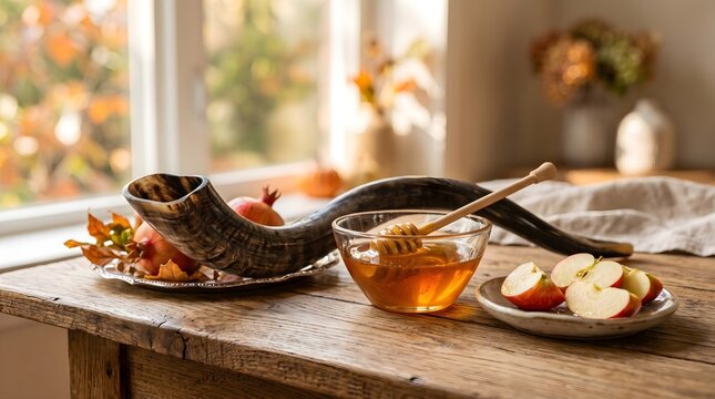 Traditional Rosh Hashanah Concept with Shofar Ram Horn Apple Slices and Golden Honey on Wooden Table