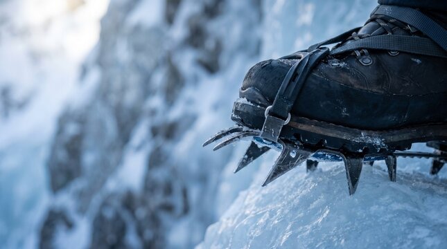 Photorealistic close-up of crampon spikes attached to an ice climbing boot
