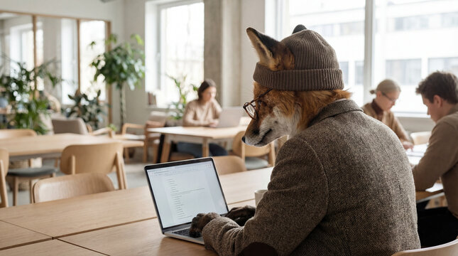 Fox using laptop in office, creative anthropomorphic lifestyle scene exploring animal behavior, responsible care, companionship, wellbeing, humane values, education, modern lifestyle