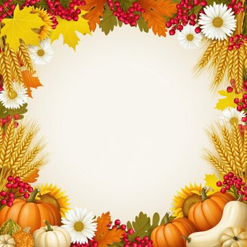 Rustic Autumn Harvest Frame with Pumpkins, Sunflowers, Wheat and Red Berries on Warm Background