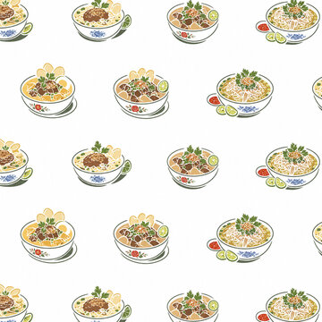 Seamless pattern illustration featuring traditional Indonesian soto soup bowls with rice noodles beef potato chips lime wedges and sambal isolated on a pure white background