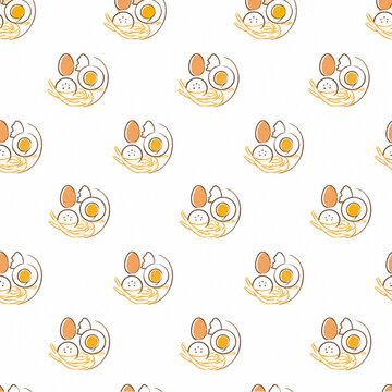 Seamless pattern with minimalist line art badges of fresh pasta ingredients eggs flour and noodles
