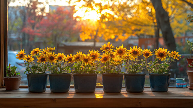Autumn Sunlight Shines on Row of Yellow Flowers in Pots by Window, Cozy Home Decor