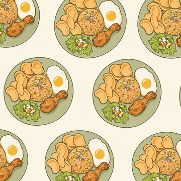 Seamless pattern with plates of Indonesian fried rice nasi goreng fried egg chicken and crackers