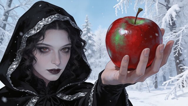 Evil Queen Offering Forbidden Red Apple in Snowy Winter Forest - Fairytale Concept