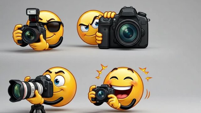Happy Emoji Photographer Animation Holding Camera on Clean White Background