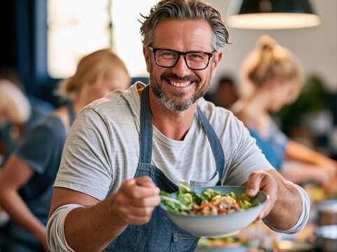Man smiles and holds bowl of salad in a kitchen during cooking class with others in background