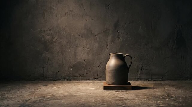 Empty Ceramic Pitcher Placed on a Wooden Stand Against Concrete Wall