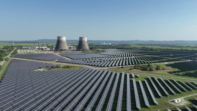 Aerial view of the solar park and cooling towers of the former nuclear power plant in Trino, Piedmont, Italy.