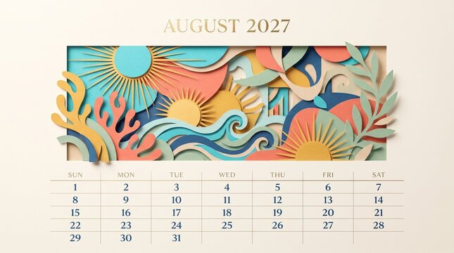 August 2027 monthly calendar with colorful abstract art