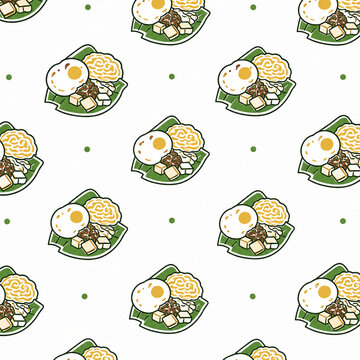 Seamless pattern with plates of Indonesian pecel rice fried egg and polka dots