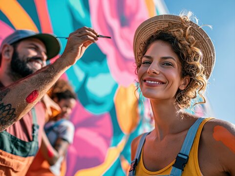 Artists paint a mural while a woman poses for a portrait during a sunny day in an urban area