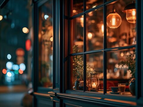 Evening view of cafe with warm lights and city street scene outside