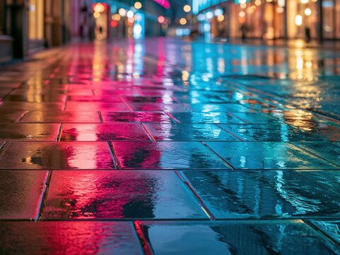 City street at night with wet pavement reflecting colorful lights after rain