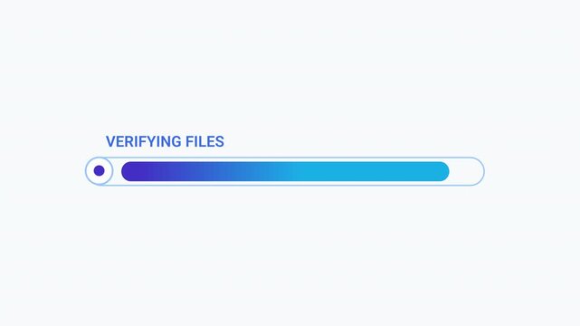 Minimal flat vector animation of a colorful gradient progress bar with a verifying files status, clean white background, and smooth loading interface for digital technology concepts.