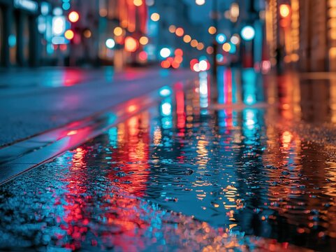 Rain-soaked street reflects colorful lights during a rainy night in the city