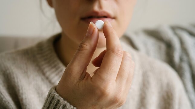 Woman holding a medicine pill for daily treatment, close up of a medicine pill in hand for healthcare, taking a medicine pill to relieve symptoms at home.

