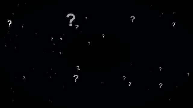 Question marks of varying sizes floating scattered against a solid black backdrop, creating a simple abstract pattern of uncertainty or inquiry.