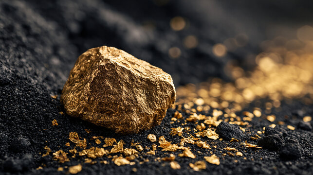 A raw gold nugget rests on dark volcanic sand with bokeh particles. Symbolizes wealth and mining industry success.