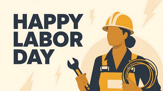 Professional female electrician wearing safety hard hat holding wrench and cable for labor day celebration concept
