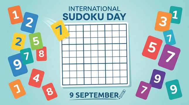 International Sudoku Day celebration graphic. 9 September holiday content. Empty puzzle grid and colorful number tiles. Math holiday banner and typography layout.