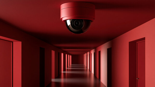 A security camera mounted on the ceiling of a long red corridor. Symbolic representation of surveillance and digital.