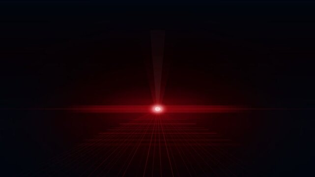 A glowing red horizon line with a centered light source sits above a converging perspective grid surface against a dark, minimalist space.